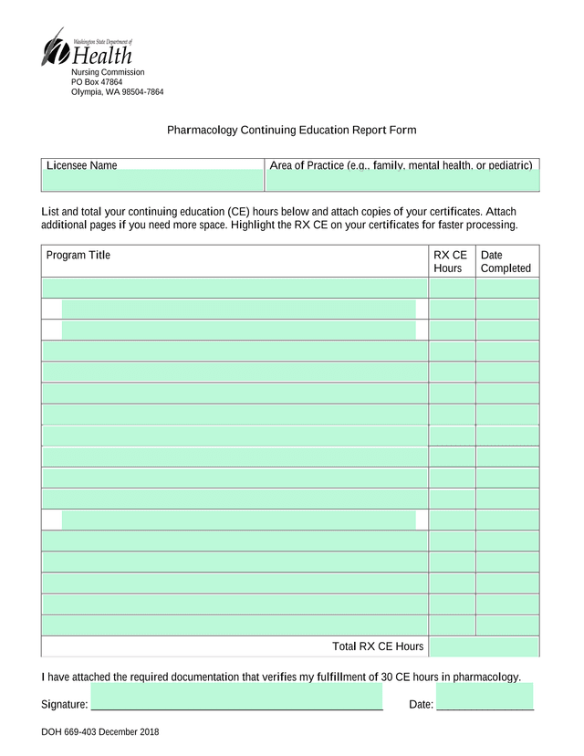 DOH 669 403 Pharmacology Continuing Education Report Form screenshot