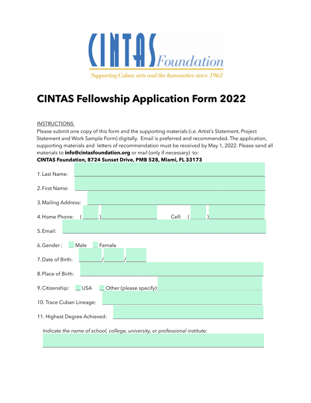 CINTAS Fellowship Application Form 2022 screenshot