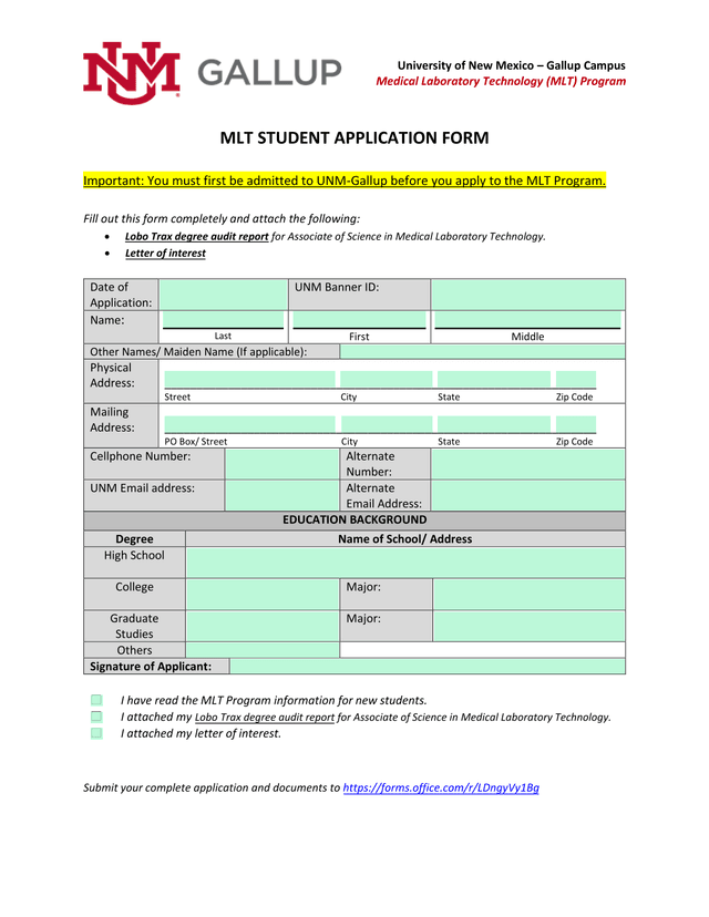 MLT STUDENT APPLICATION FORM screenshot