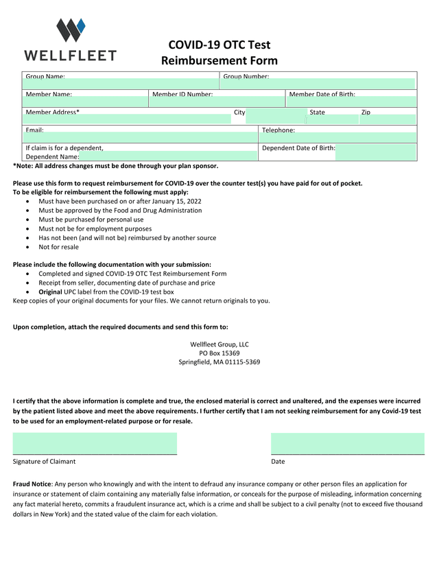 COVID 19 OTC Test Reimbursement Form screenshot