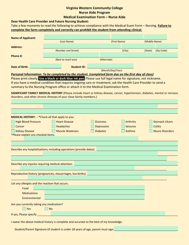 Medical Examination Form  Nurse Aide screenshot