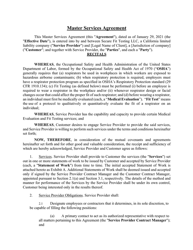 Master Services Agreement screenshot