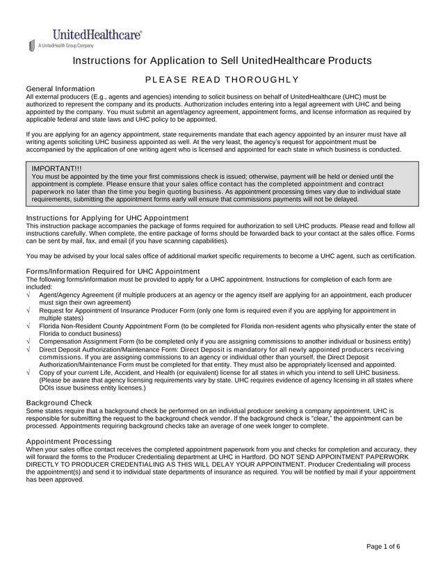 Instructions For Application To Sell UnitedHealthcare Products screenshot