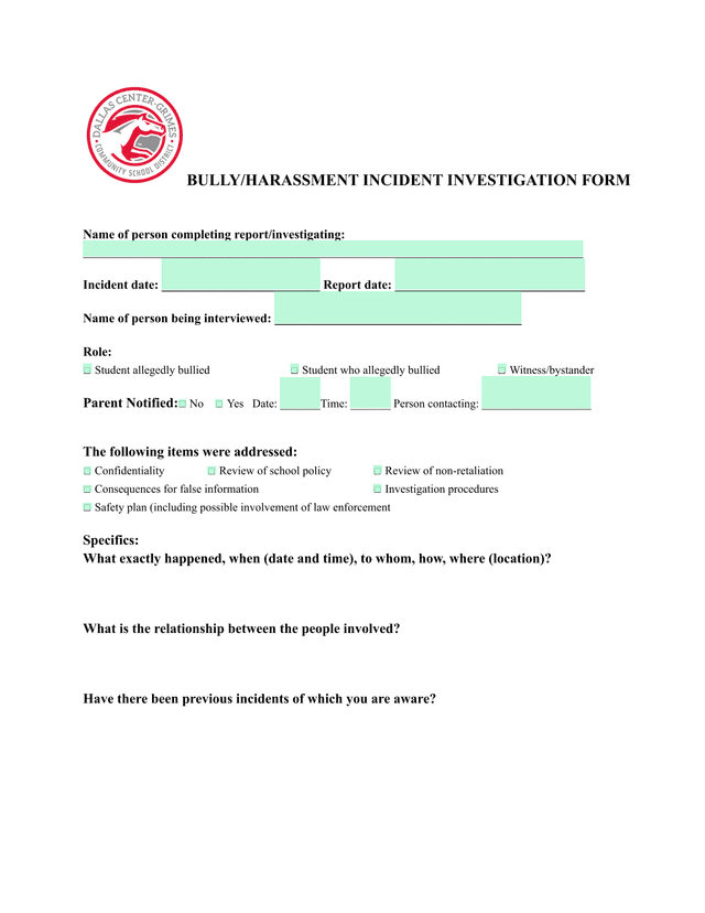 BULLYHARASSMENT INCIDENT INVESTIGATION FORM screenshot