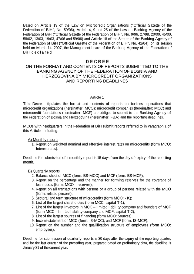 Decree On The Format And Contents Of Reports Submitted To The Banking Agency Of The Federation Of Bo screenshot