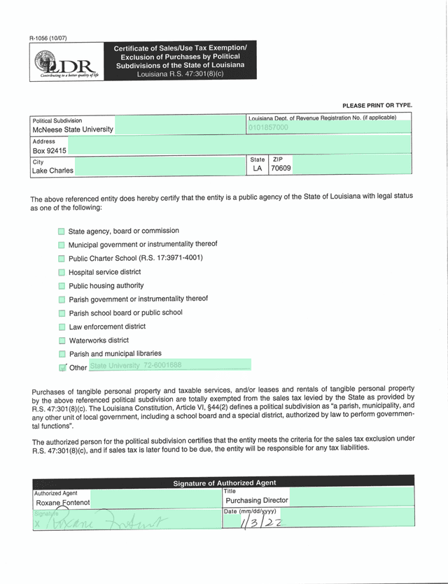 Sales Tax Exemption Certificate screenshot