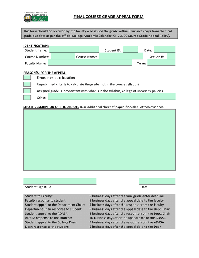 Final Course Grade Appeal Form screenshot