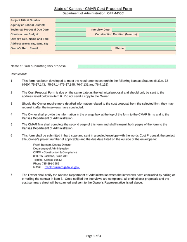 State Of Kansas   CMAR Cost Proposal Form screenshot