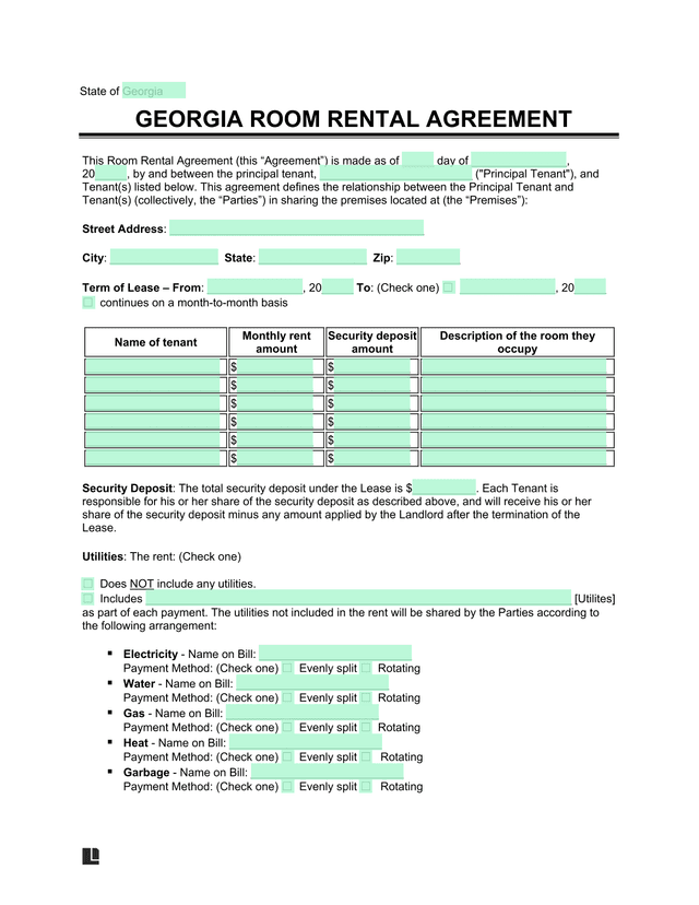 Georgia Room Rental Agreement screenshot