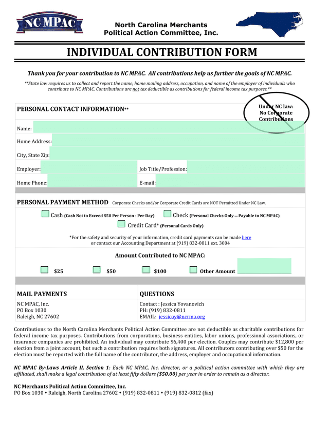 North Carolina Merchants Political Action Committee, Inc. INDIVIDUAL CONTRIBUTION FORM screenshot