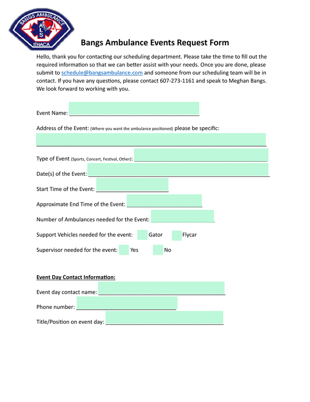 Bangs Ambulance Events Request Form screenshot