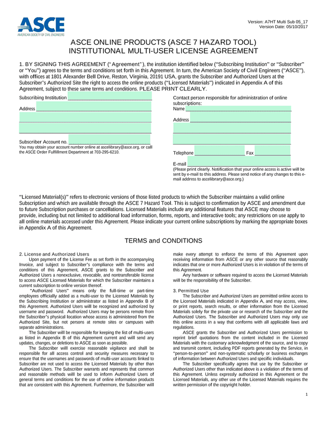 ASCE Online Products (ASCE 7 Hazard Tool) Institutional Multi User License Agreement screenshot