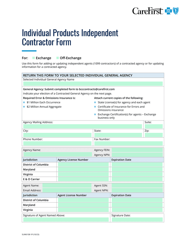 Individual Products Independent Contractor Form screenshot
