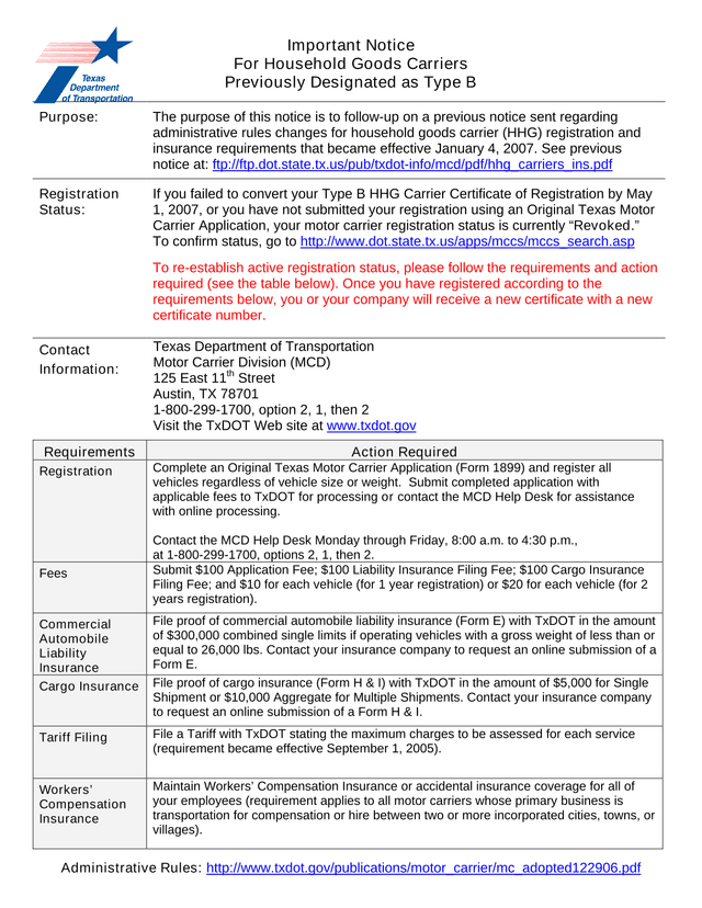 Important Notice For Household Goods Carriers Previously Designated As Type B screenshot