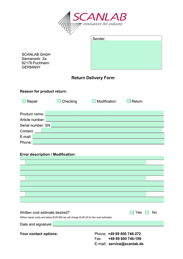Return Delivery Form screenshot