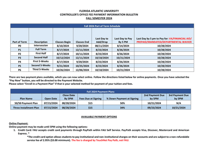 Florida Atlantic University Fee Payment Information Bulletin screenshot