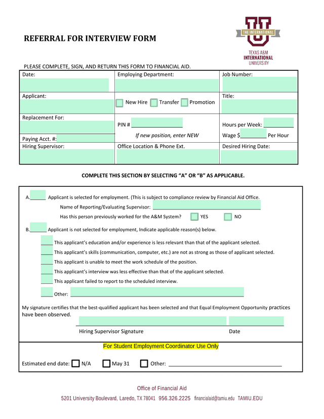Referral For Interview Form screenshot