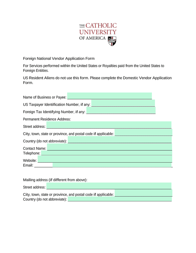 Foreign National Vendor Application Form screenshot