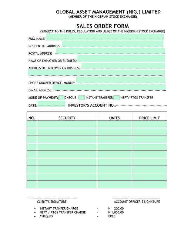Sales Order Form screenshot