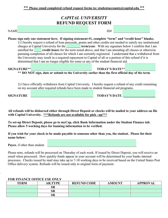CAPITAL UNIVERSITY REFUND REQUEST FORM screenshot