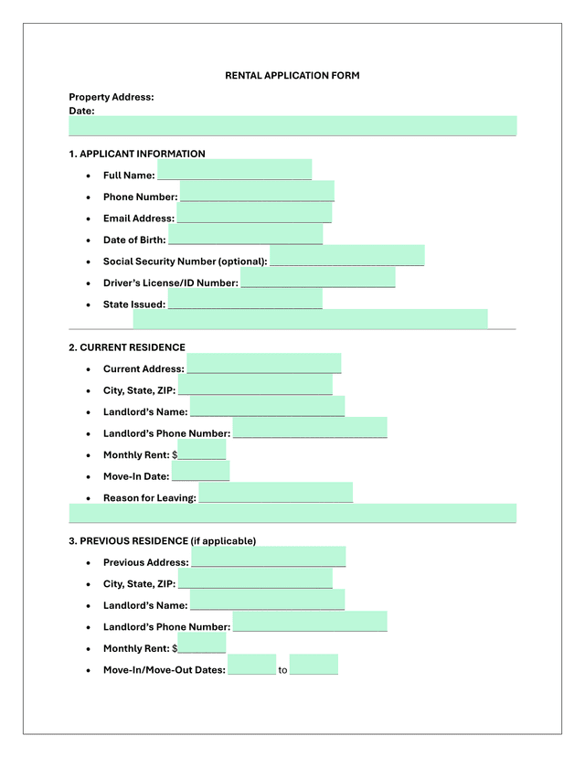 Rental Application Form screenshot