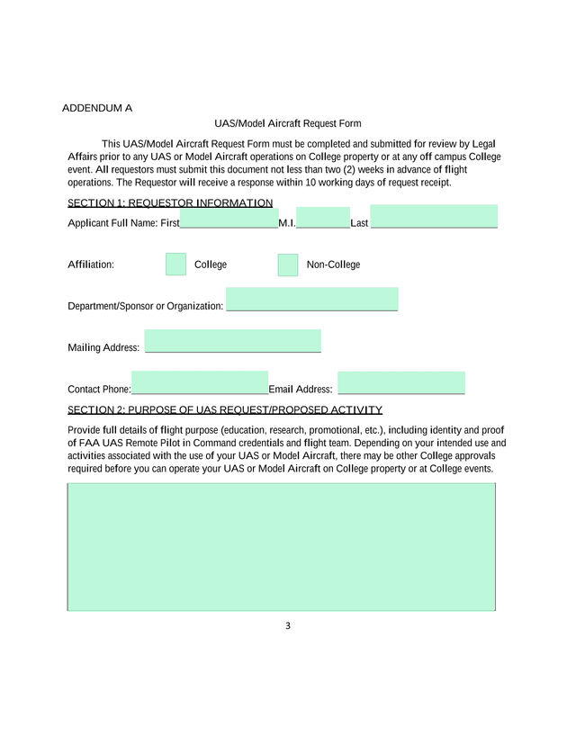 UASModel Aircraft Request Form screenshot