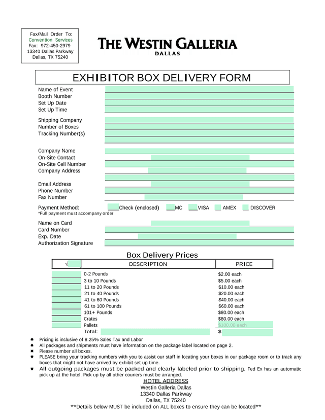 Exhibitor Box Delivery Form screenshot