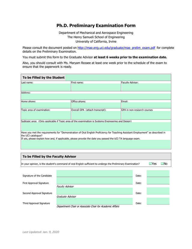 Ph.D. Preliminary Examination Form screenshot