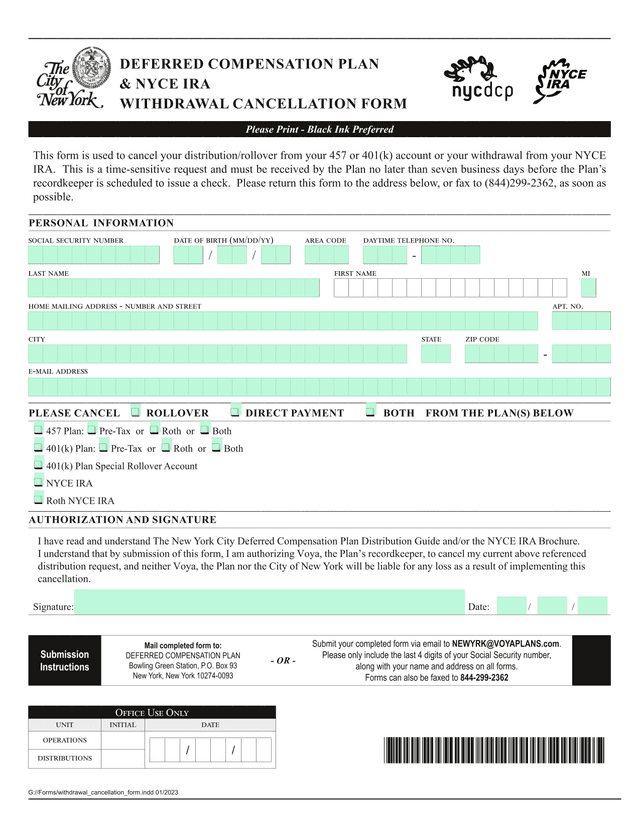 Deferred Compensation Plan  NYCE IRA Withdrawal Cancellation Form screenshot