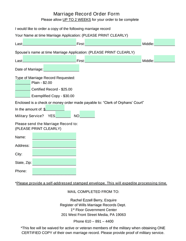 Marriage Record Order Form screenshot