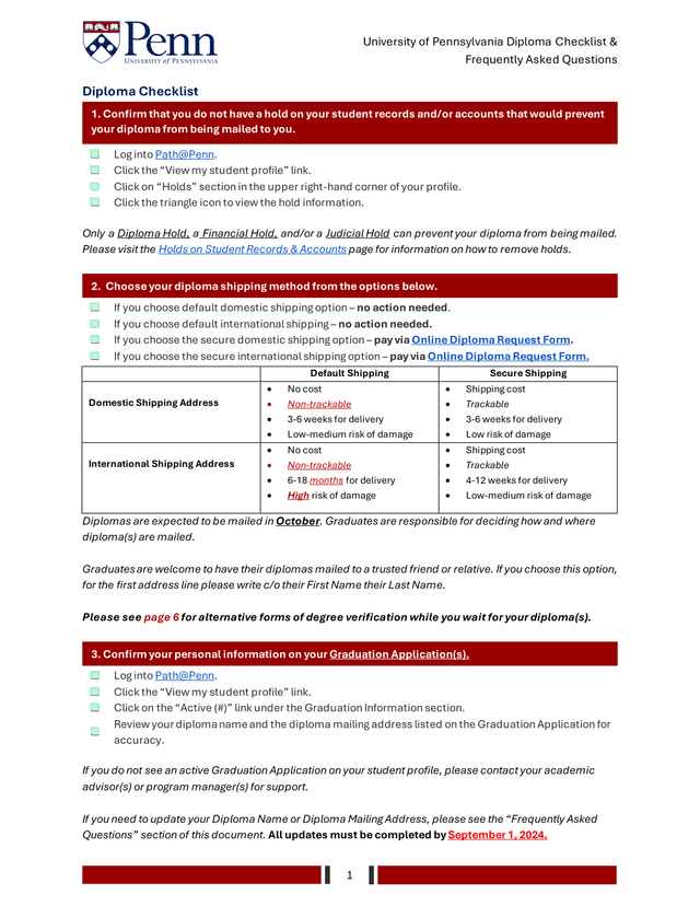 University Of Pennsylvania Diploma Checklist  Frequently Asked Questions screenshot