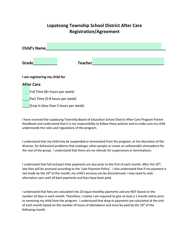 Lopatcong Township School District After Care RegistrationAgreement screenshot