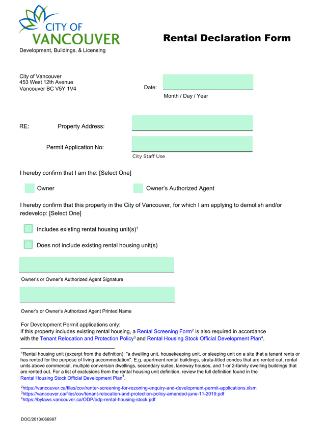 Rental Declaration Form screenshot