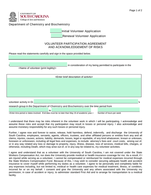 Volunteer Participation Agreement And Acknowledgement Of Risks screenshot