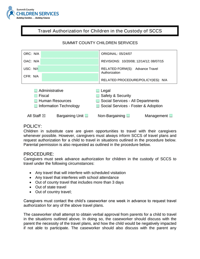 Travel Authorization For Children In The Custody Of SCCS screenshot