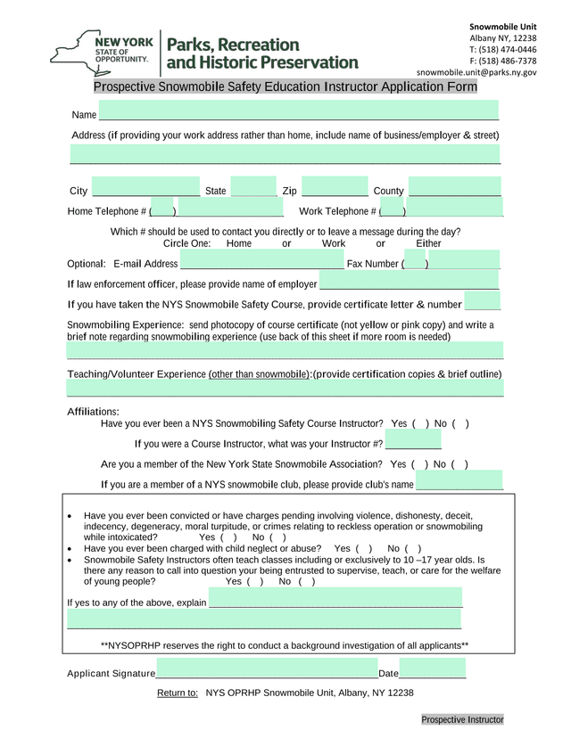 Prospective Snowmobile Safety Education Instructor Application Form screenshot
