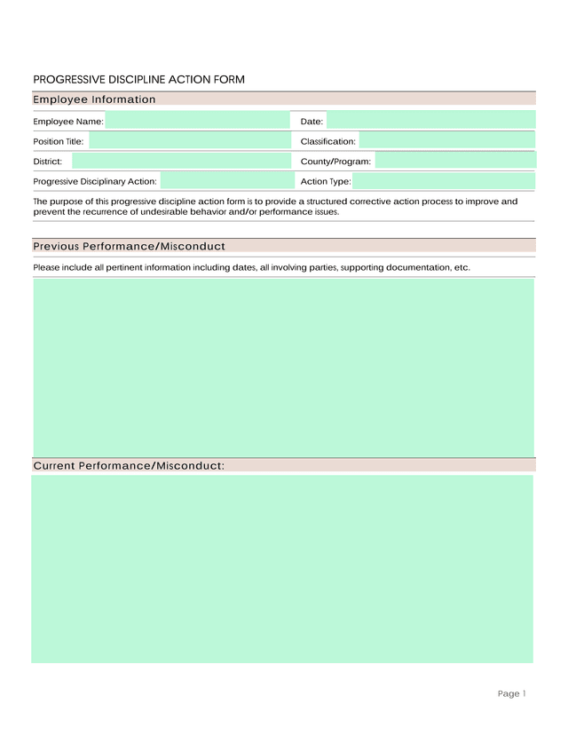Progressive Discipline Action Form screenshot