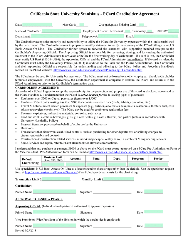 California State University Stanislaus   PCard Cardholder Agreement screenshot