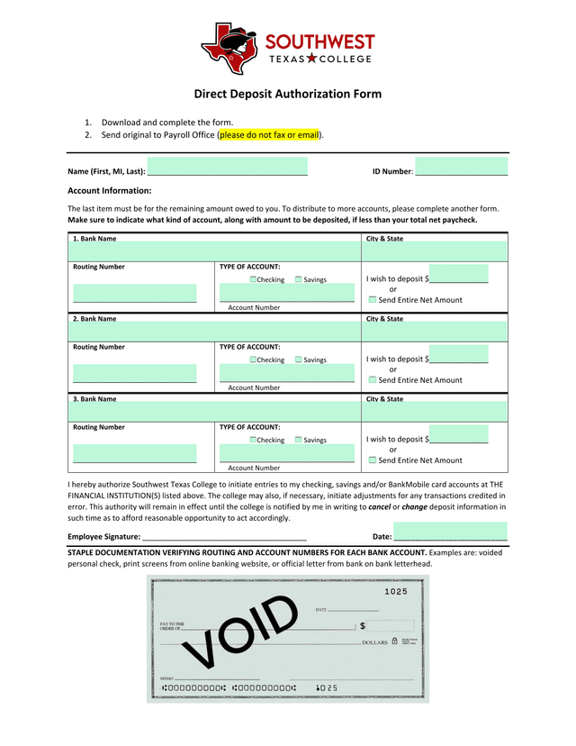 Direct Deposit Authorization Form screenshot