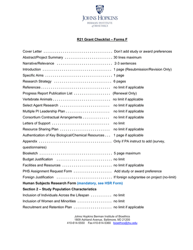 R21 Grant Checklist  Forms F screenshot