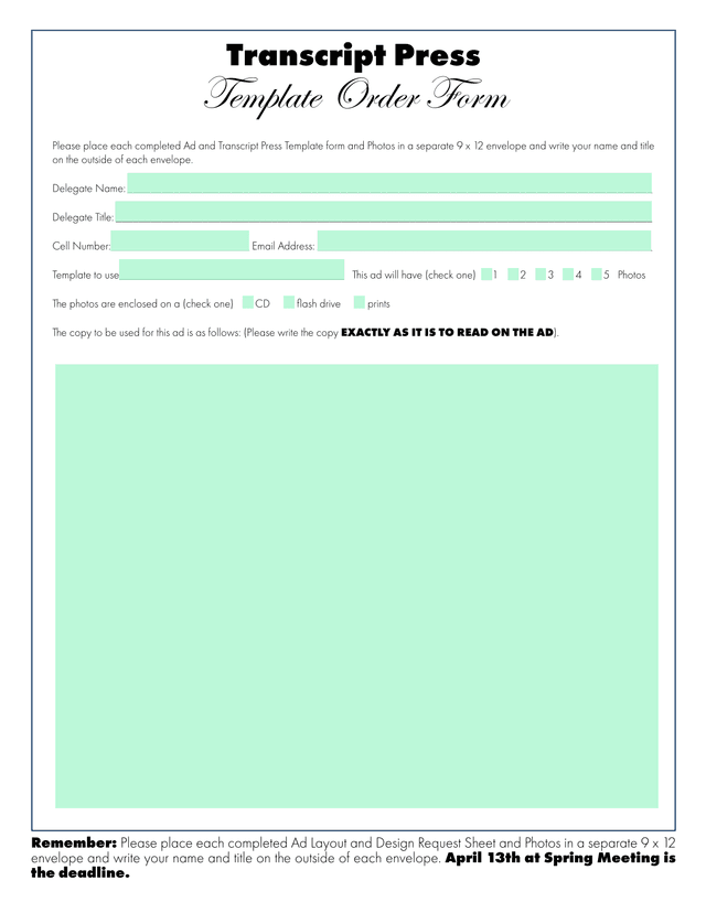 Transcript Press Template Order Form screenshot