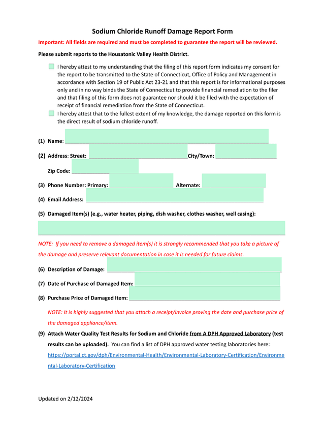 Sodium Chloride Runoff Damage Report Form screenshot