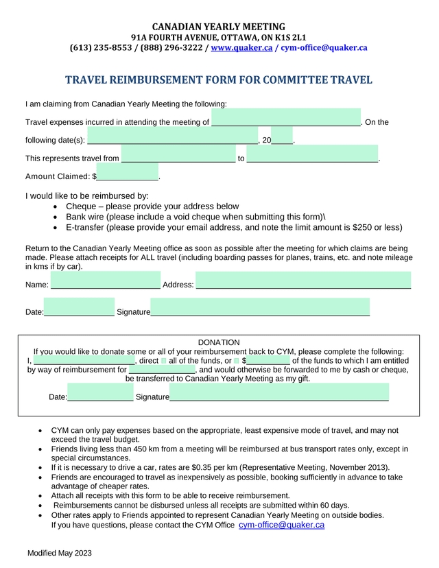 Travel Reimbursement Form For Committee Travel screenshot