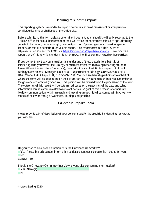 Grievance Report Form screenshot