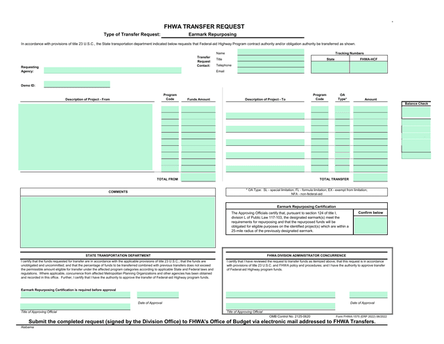 FHWA Transfer Request Form FHWA 1575 screenshot
