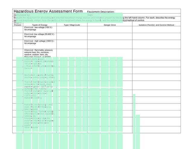 Hazardous Energy Assessment Form screenshot
