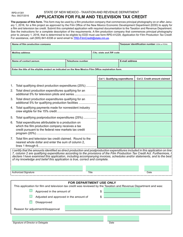 Application For Film And Television Tax Credit screenshot