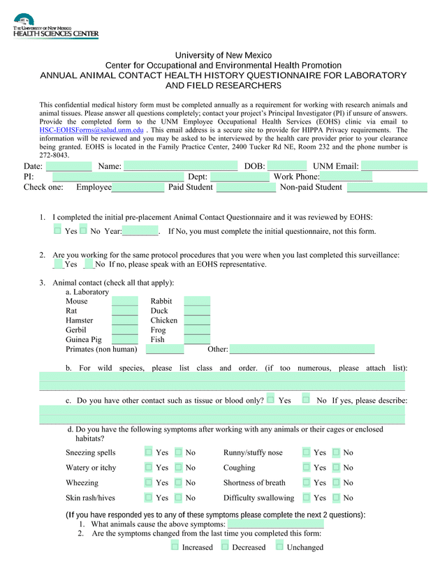 Annual Animal Contact Health History Questionnaire For Laboratory And Field Researchers screenshot