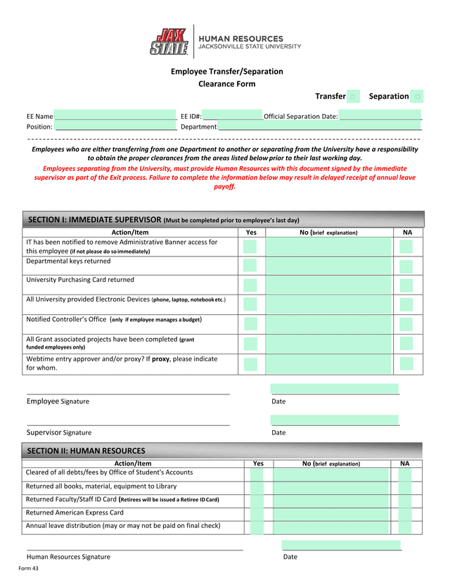 Form 43 Employee TransferSeparation Clearance Form screenshot