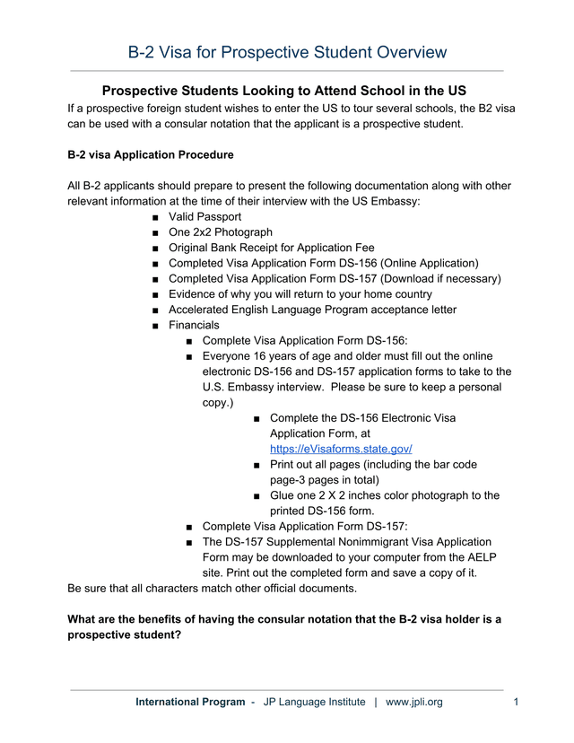 B 2 Visa For Prospective Student Overview screenshot